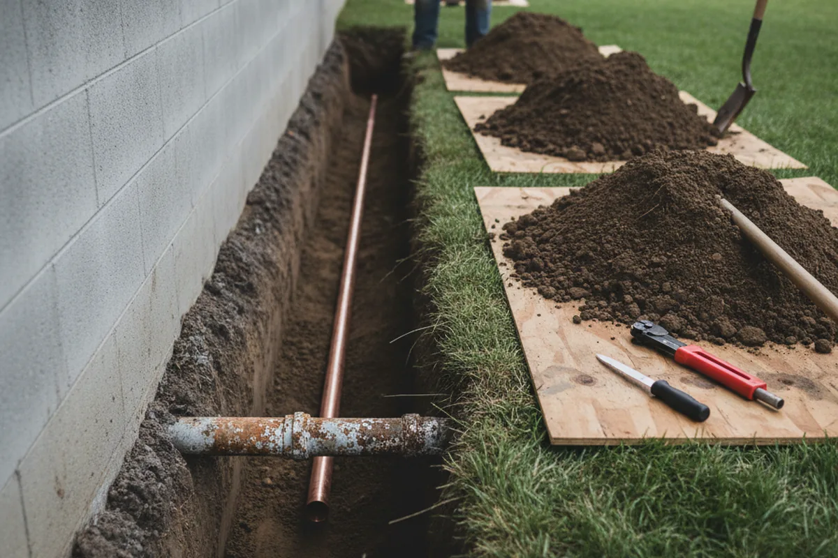 Excavated water line trench during Water Softener Installation in Lott